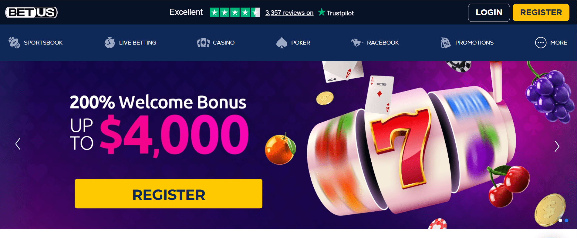 Platform view of BetUS sportsbook featuring big bonuses and deep betting markets