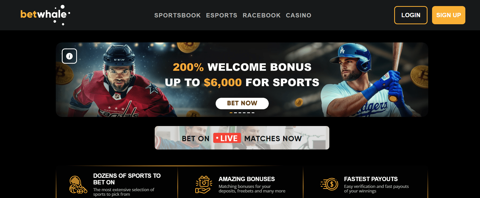 Homepage of BetWhale sportsbook highlighting fast crypto banking and strong betting value