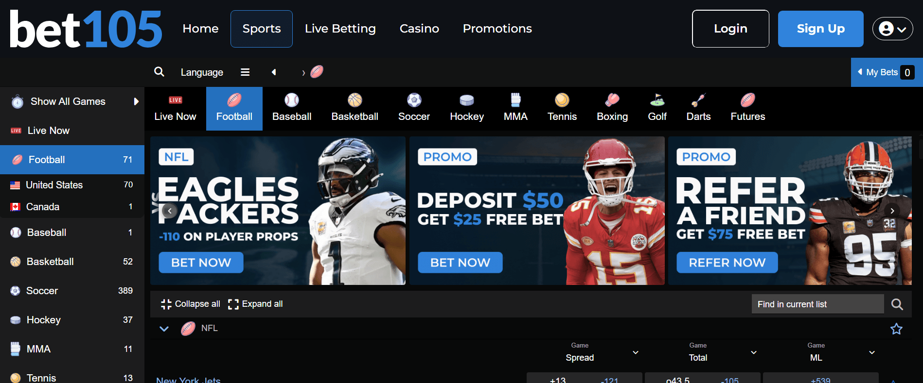Interface view of Bet105 sportsbook showcasing competitive spreads and a clean design